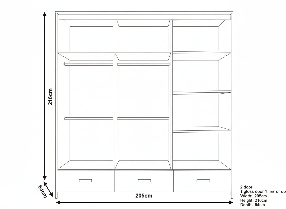Florence Golden Sliding Wardrobe – High Gloss with Golden Accents (LED Included)