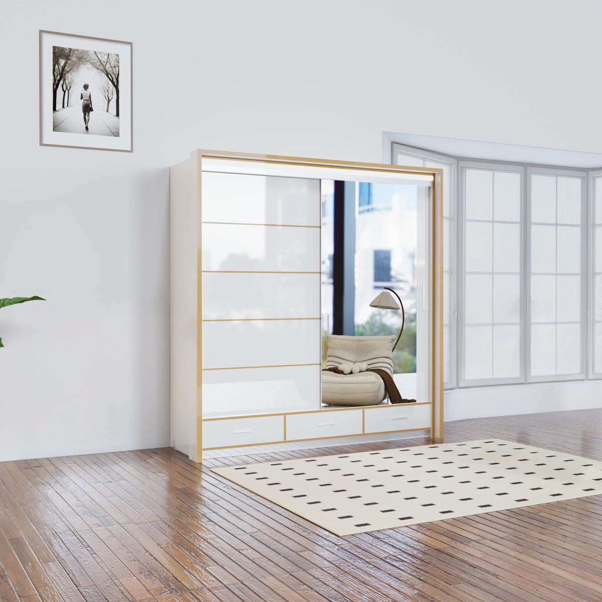 Florence Golden Sliding Wardrobe – High Gloss with Golden Accents (LED Included)