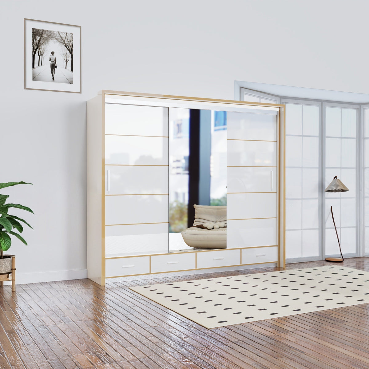 Florence Golden Sliding Wardrobe – High Gloss with Golden Accents (LED Included)