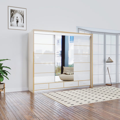 Florence Golden Sliding Wardrobe – High Gloss with Golden Accents (LED Included)