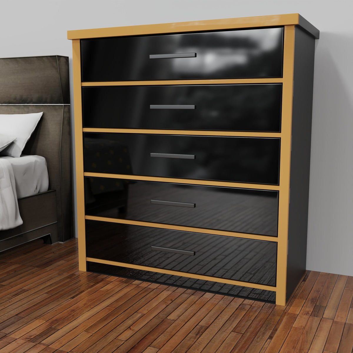 Chest of Drawers Black Gloss with Gold Accents