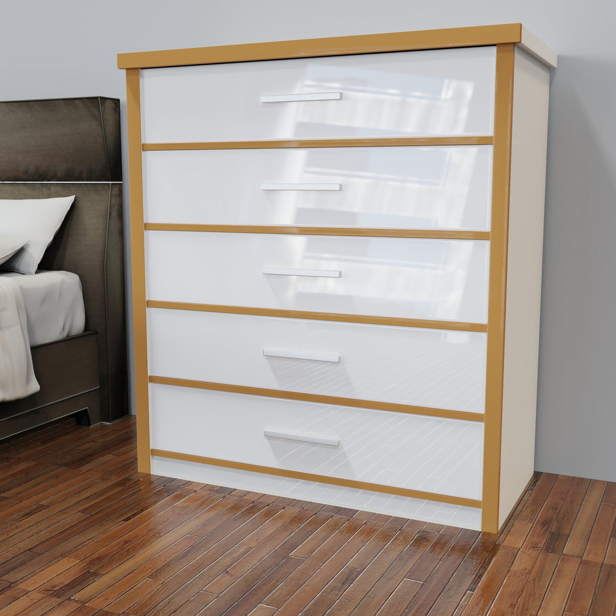 Chest of Drawers White Gloss with Gold Accents