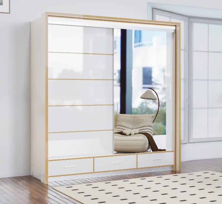 Florence Golden Sliding Wardrobe – High Gloss with Golden Accents (LED Included)