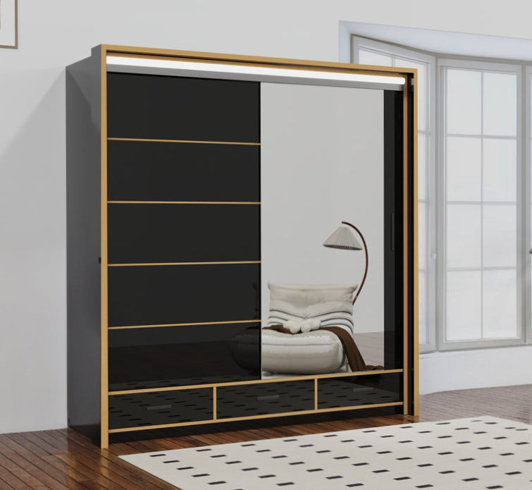 Florence Golden Sliding Wardrobe – High Gloss with Golden Accents (LED Included)