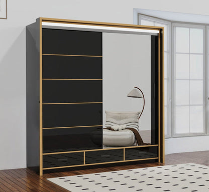 Florence Golden Sliding Wardrobe – High Gloss with Golden Accents (LED Included)
