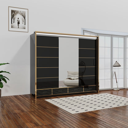 Florence Golden Sliding Wardrobe – High Gloss with Golden Accents (LED Included)